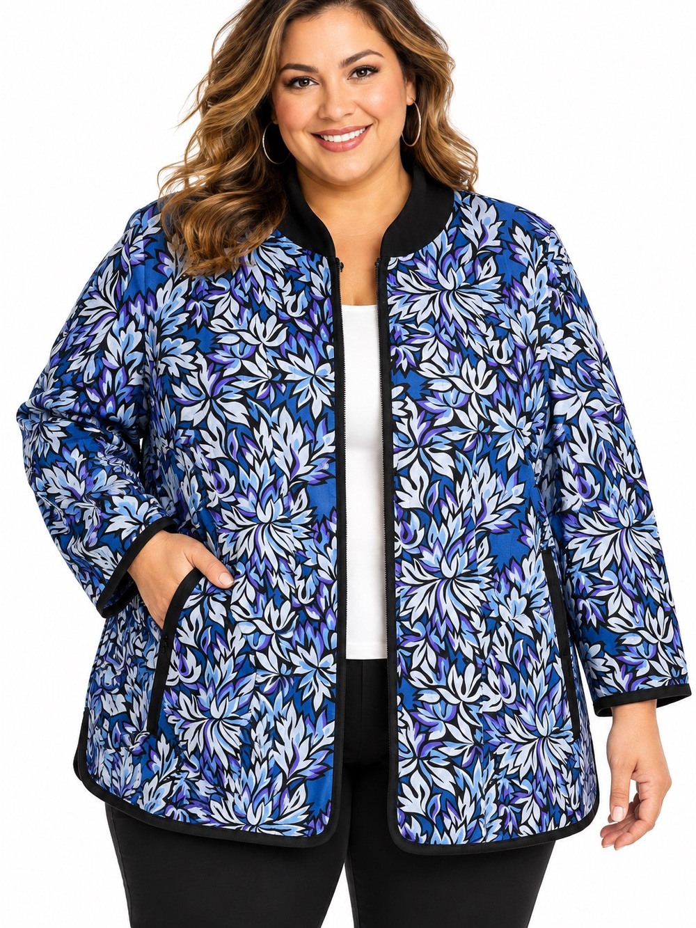 Bob Mackie Wearable Art Jacket Size 2X Blue Floral Lightweight Zip Front